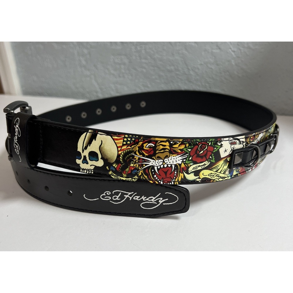 Ed Hardy Leopard Skull Print Belt Black With Pyramid Rivet Studs Men' Sz 36-New